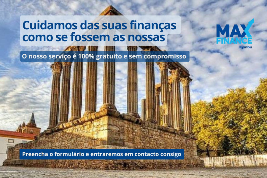 Templo de Diana em Évora sob céu azul, com mensagem da MaxFinance Kymbu: “Cuidamos das suas finanças como se fossem nossas. O nosso serviço é 100% gratuito e sem compromisso”, destacando apoio financeiro personalizado e gratuito.